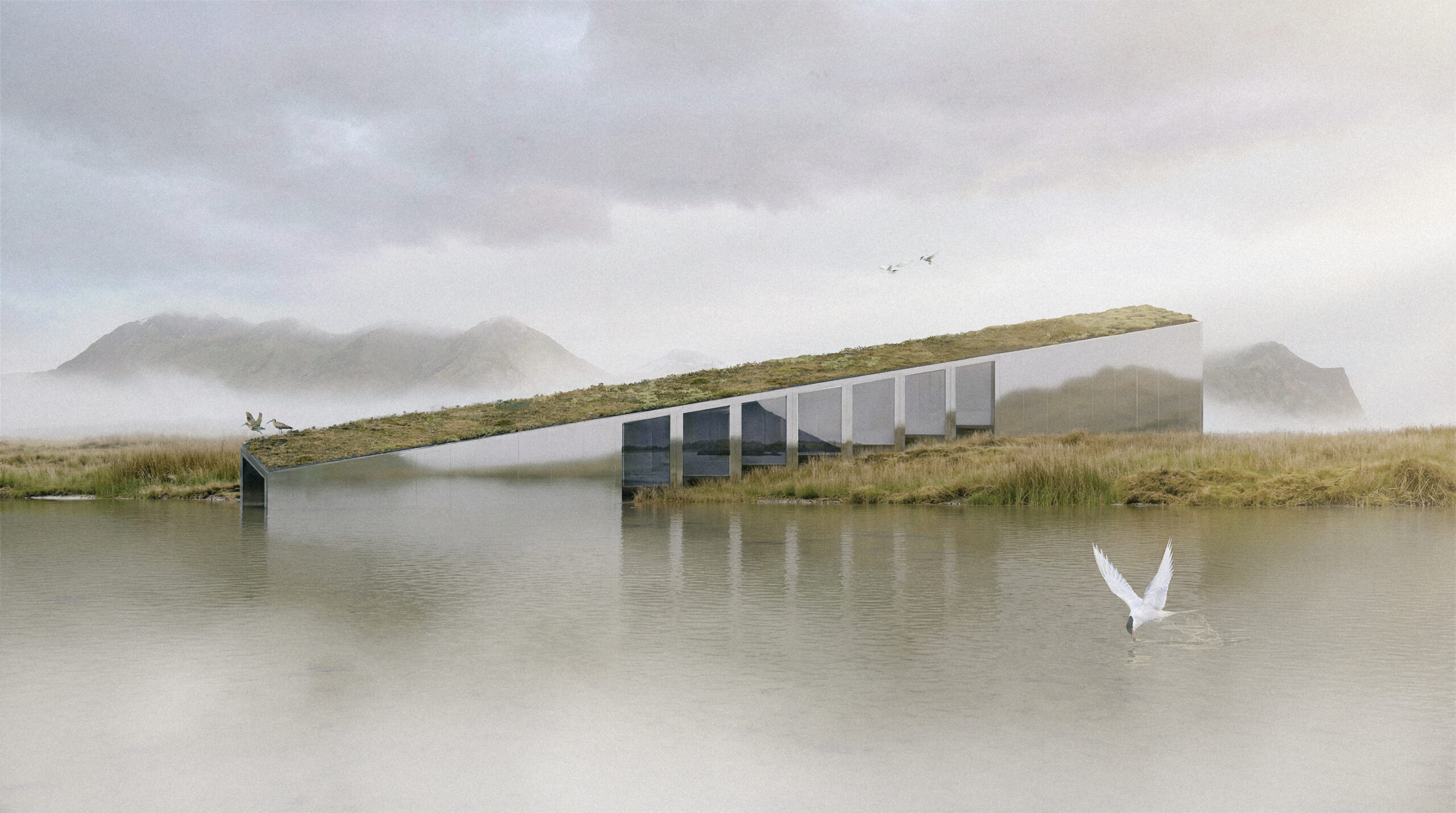 Visualisation 3D épurée par Pierzo du bâtiment s'élançant au-dessus de l'eau dans la brume, une perspective 3D concours architecture minimaliste.