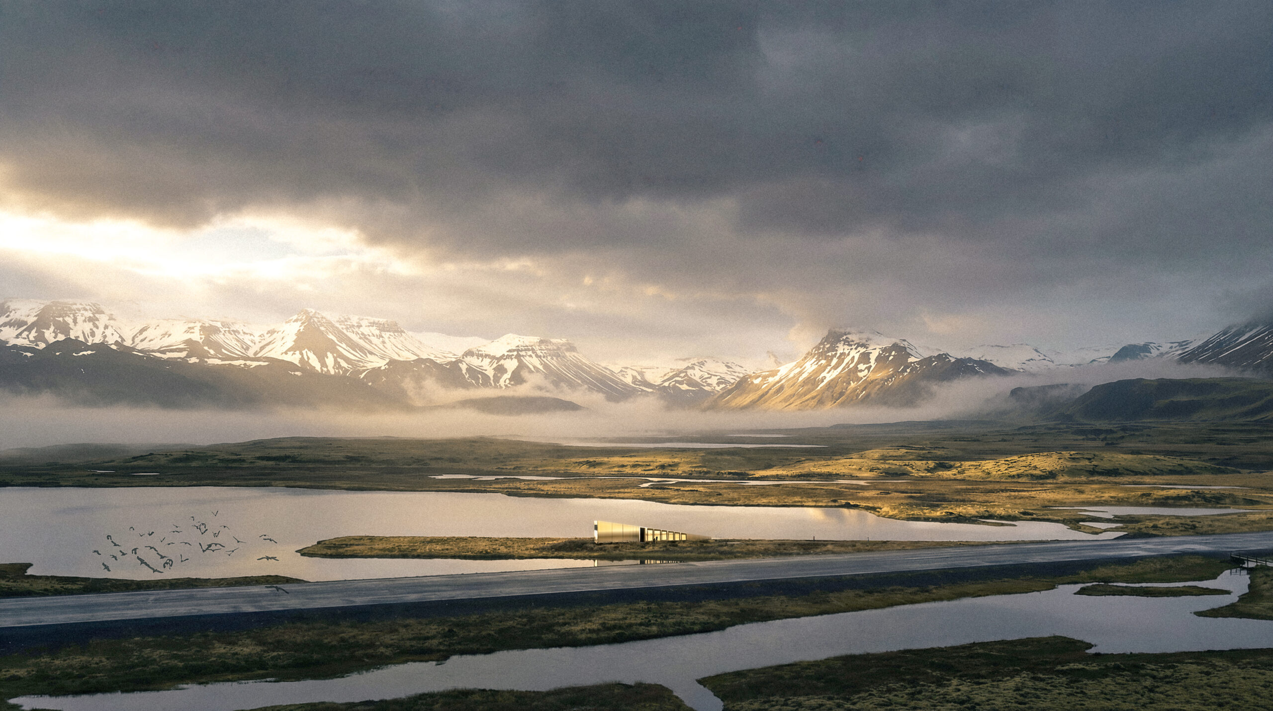 Visualisation 3D atmosphérique par Pierzo d'un bâtiment paysager en Islande sous un ciel d'orage, une perspective 3D concours architecture saisissante.