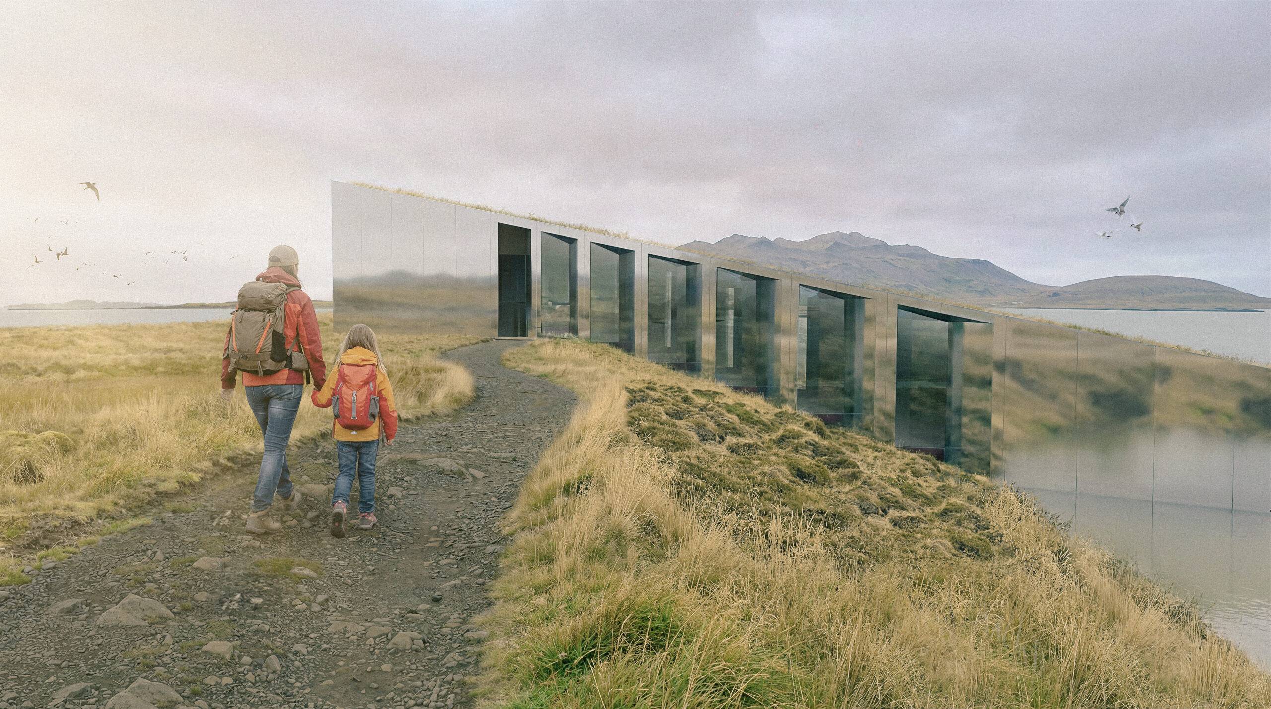 Image de synthèse de Pierzo montrant un bâtiment à façade miroir et toiture végétalisée se fondant dans la steppe, une perspective 3D concours architecture type "caméléon".