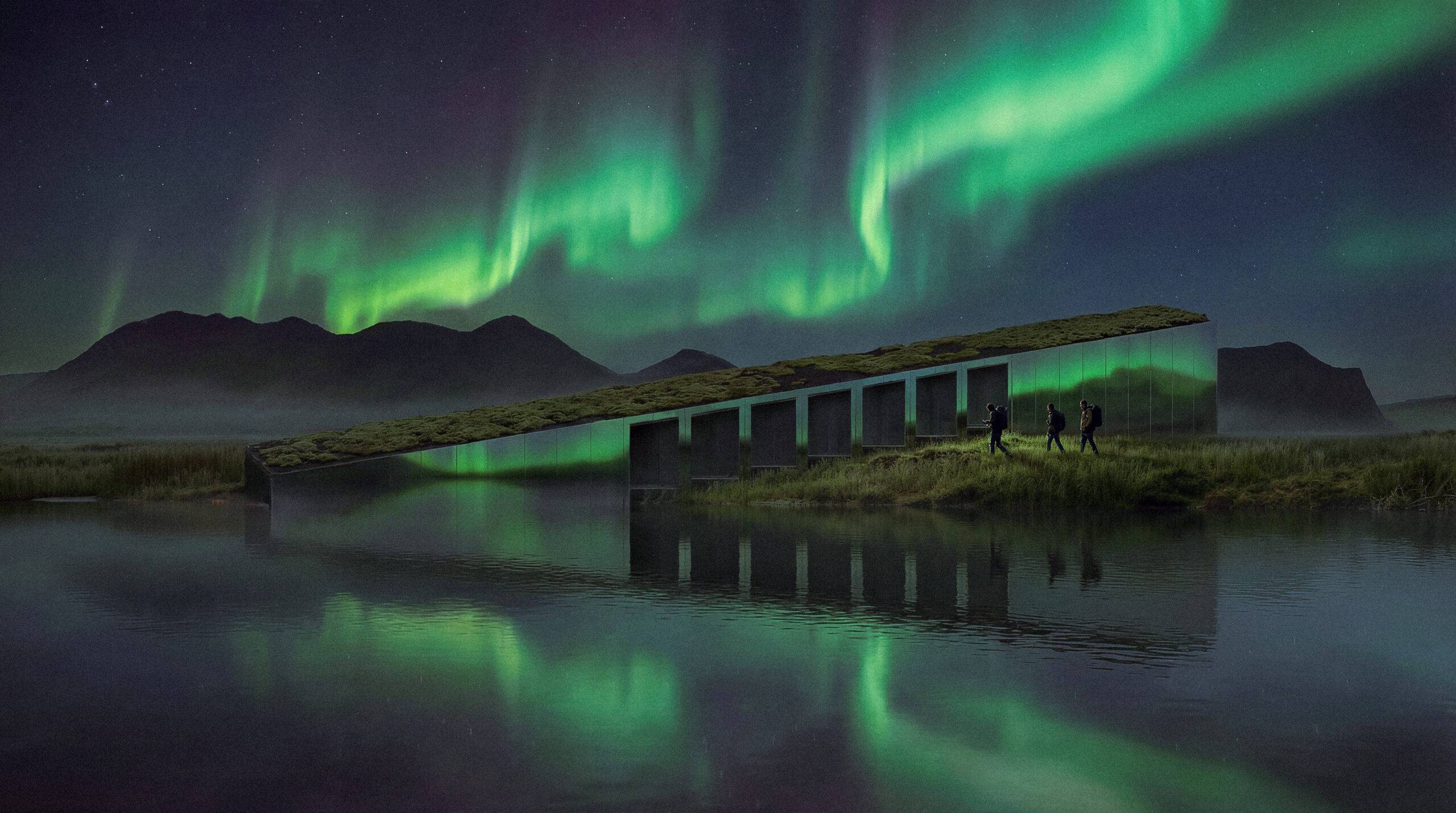 Perspective 3D concours architecture nocturne époustouflante par Pierzo avec des aurores boréales se reflétant sur le bâtiment en Islande.