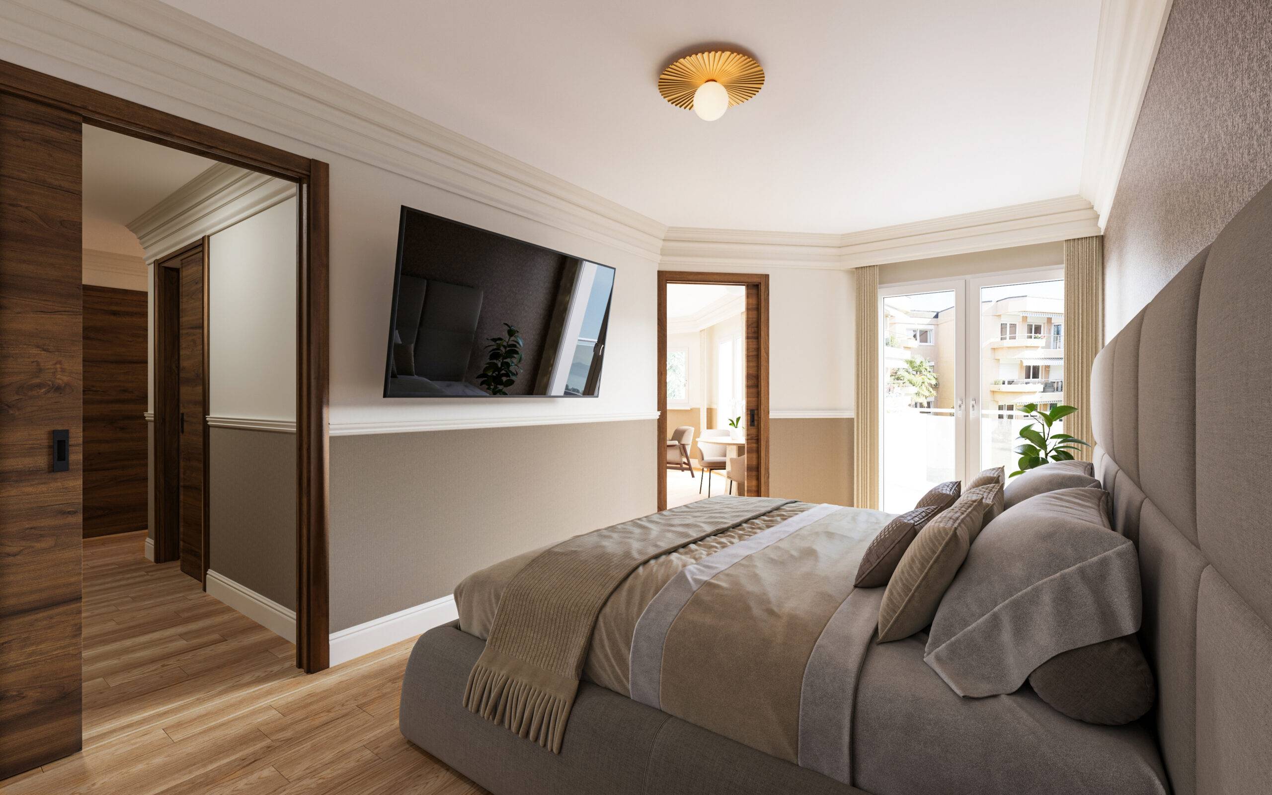 Image de synthèse architecture chambre senior suite parentale portes coulissantes Pierzo