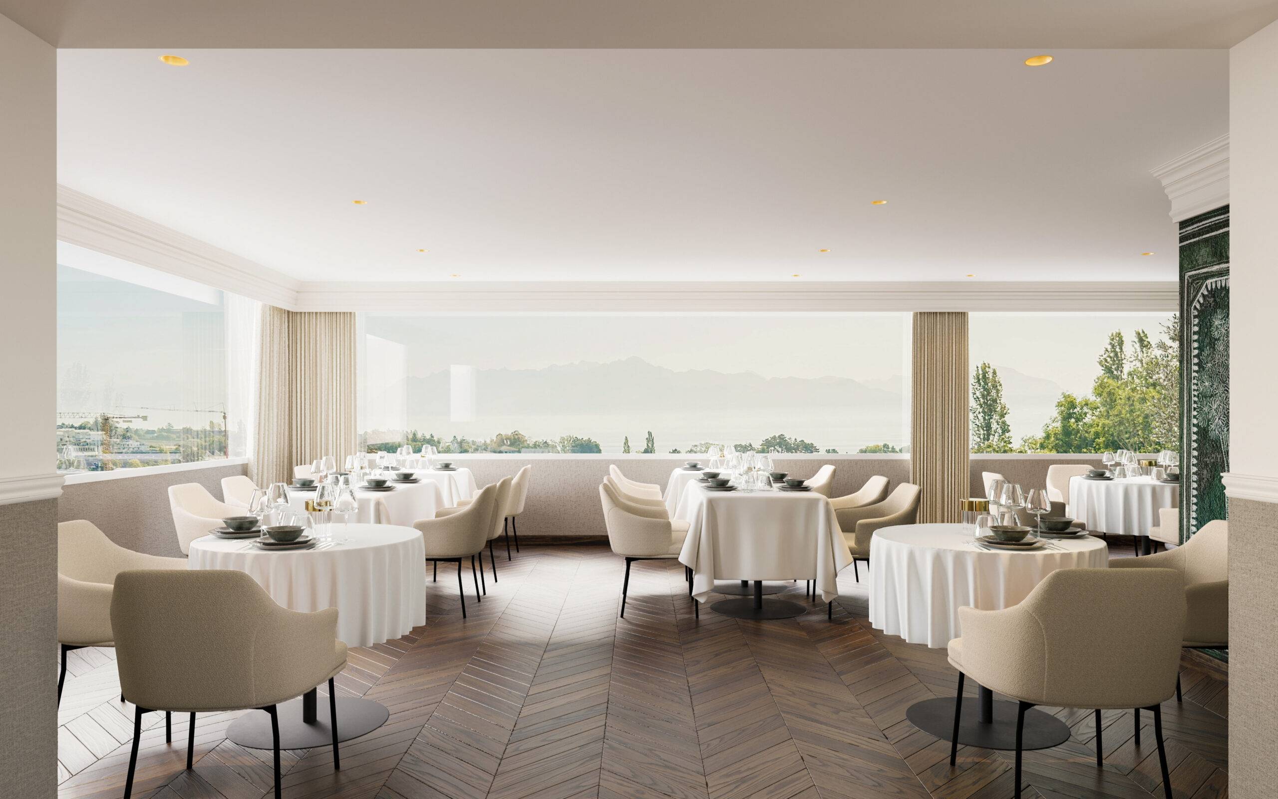 Image de synthèse architecture restaurant résidence senior Lausanne vue Lac Léman Dream Habitat Pierzo