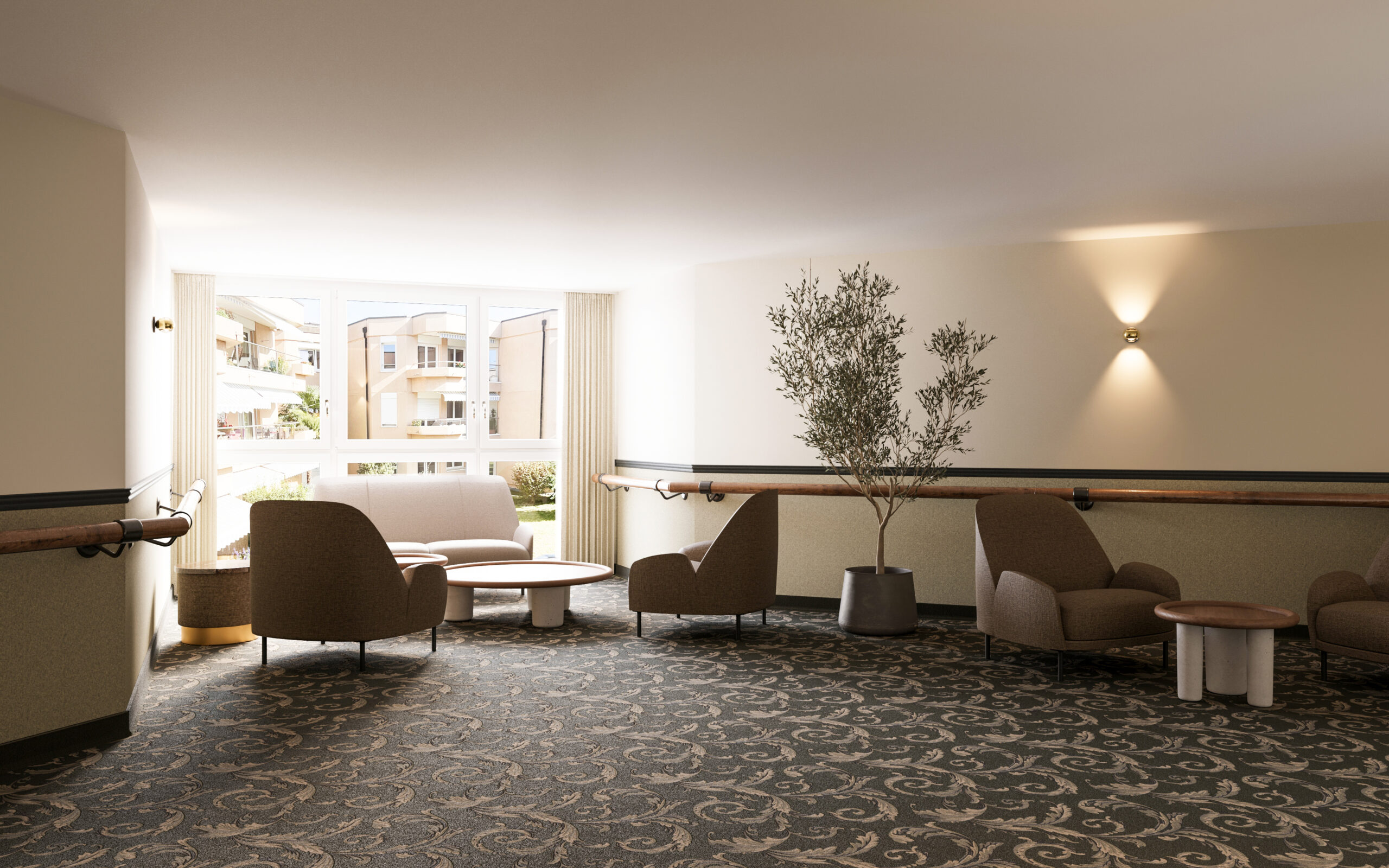 Image de synthèse architecture salon détente senior ergonomie et confort suisse Pierzo