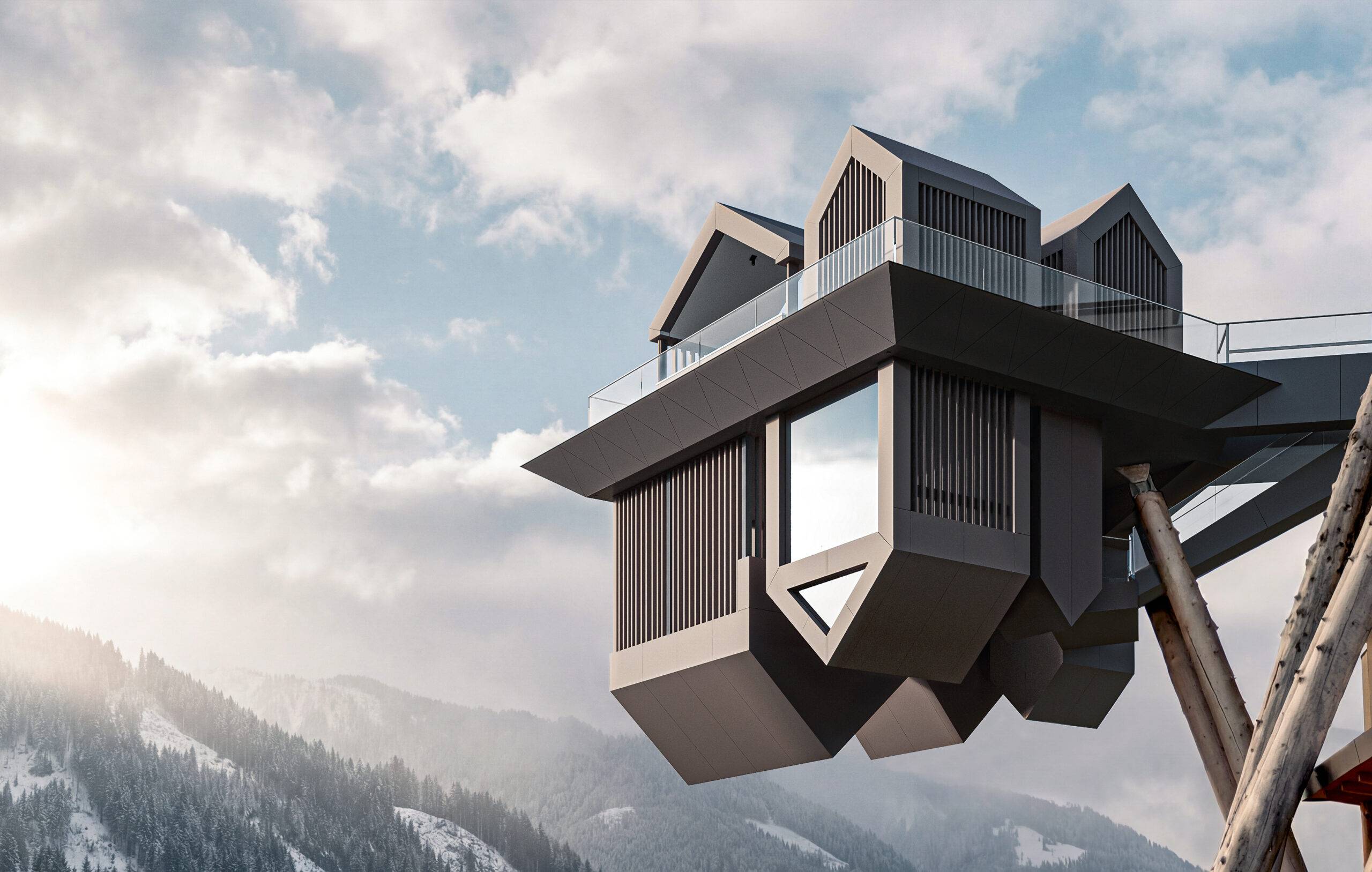 Visualisation 3D photoréaliste finale de la structure suspendue de l'Hôtel Hub of Huts, réalisée d'après le projet de NOA.