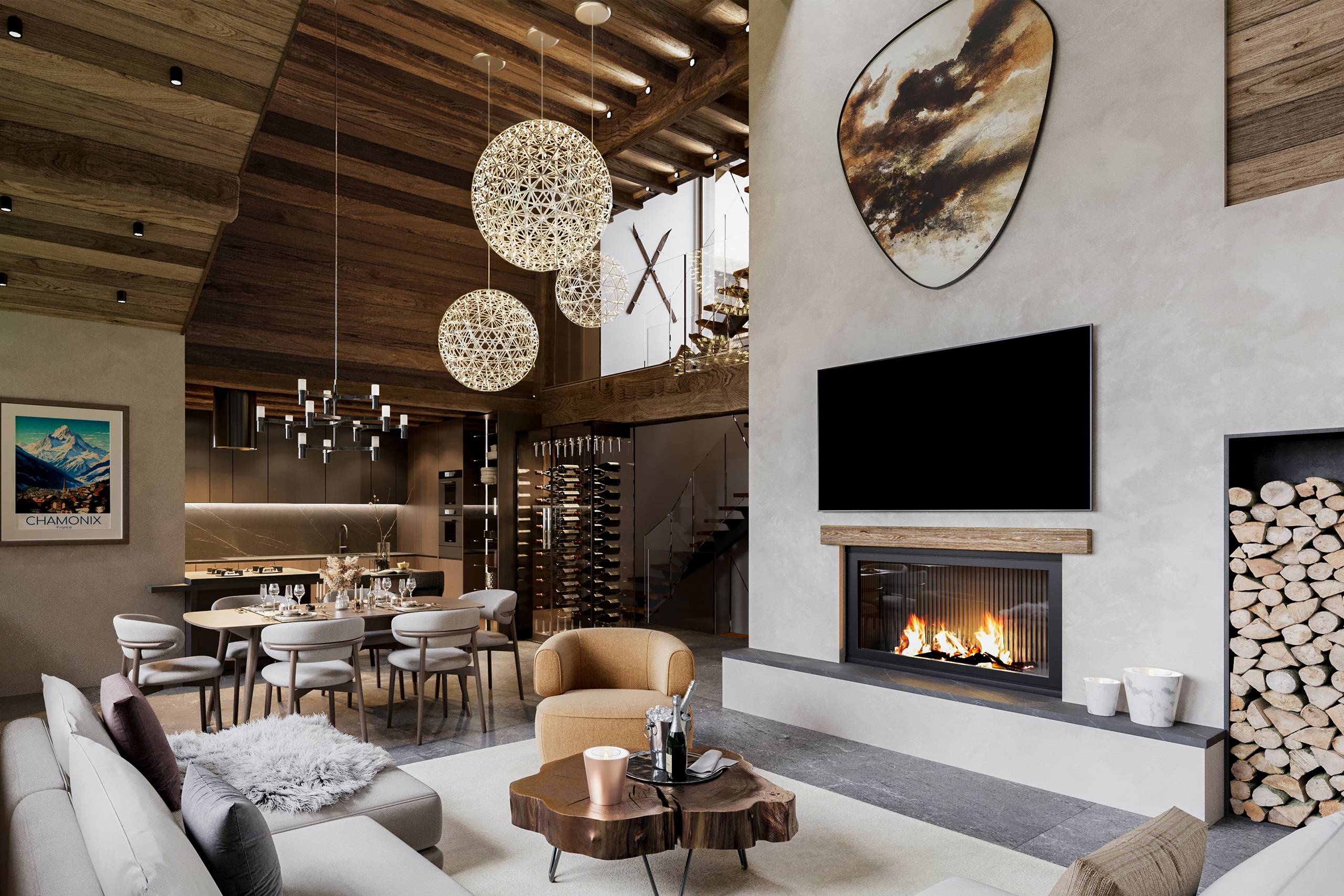 Visualisation 3D chamonix cuisine ouverte salle à manger cheminée insert Pierzo