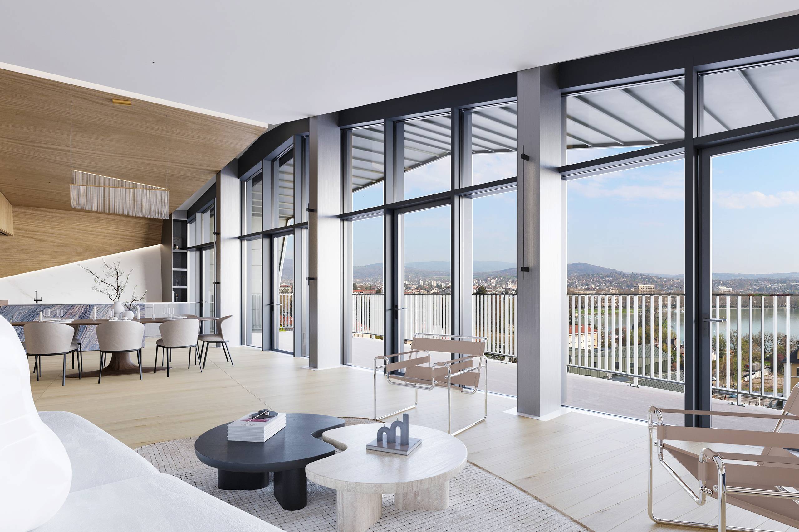 Perspective 3D d'un salon de luxe en attique aux Trésums à Annecy, révélant une architecture intérieure signée Beaux Travaux avec vue sur le lac.