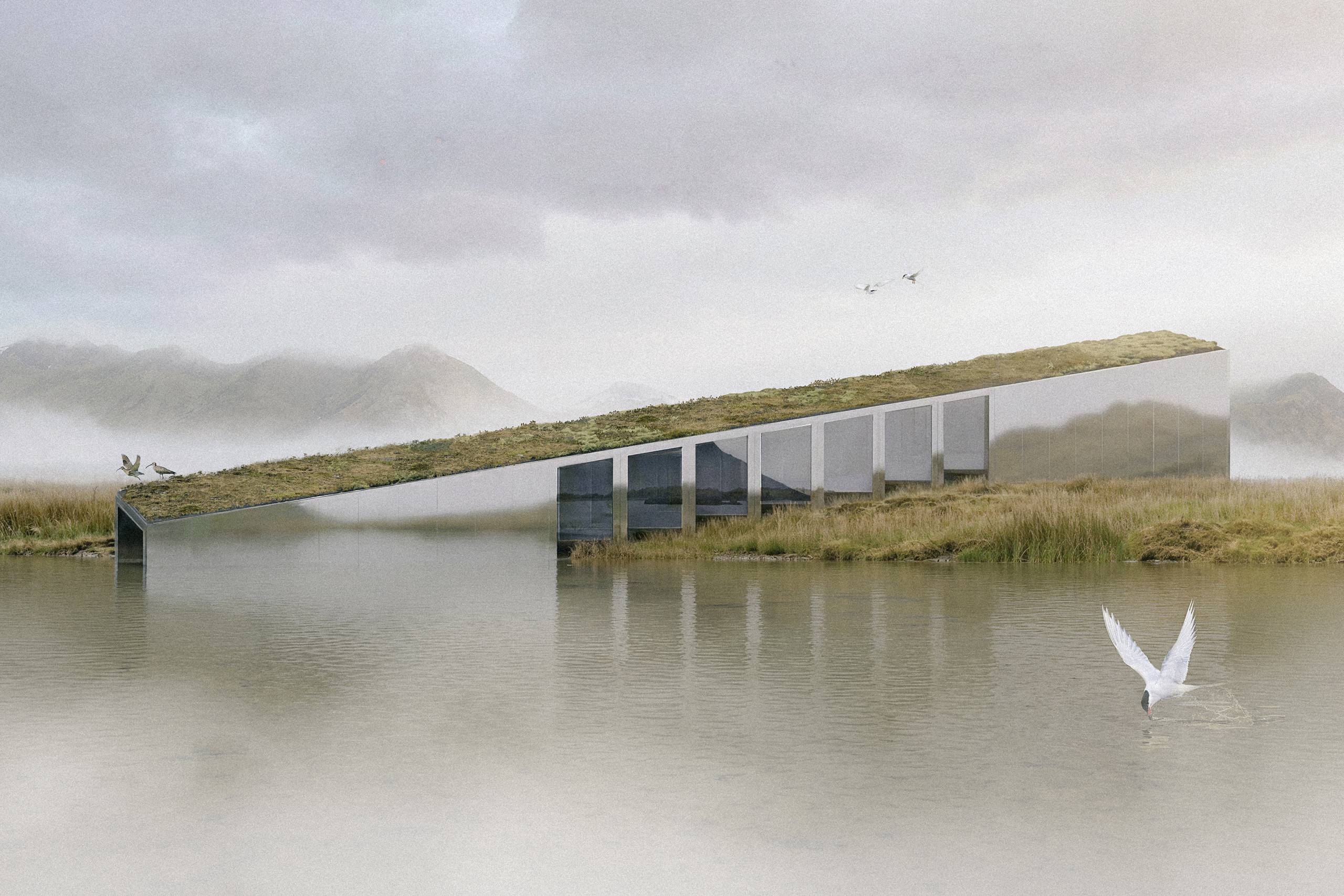 Visualisation 3D épurée par Pierzo du bâtiment s'élançant au-dessus de l'eau dans la brume, une perspective 3D concours architecture minimaliste.