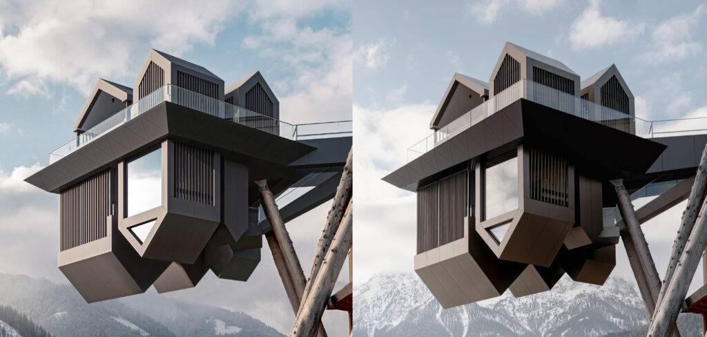 Perspective 3D photoréaliste finale de la structure suspendue de l'Hôtel Hub of Huts, réalisée d'après le projet de NOA.